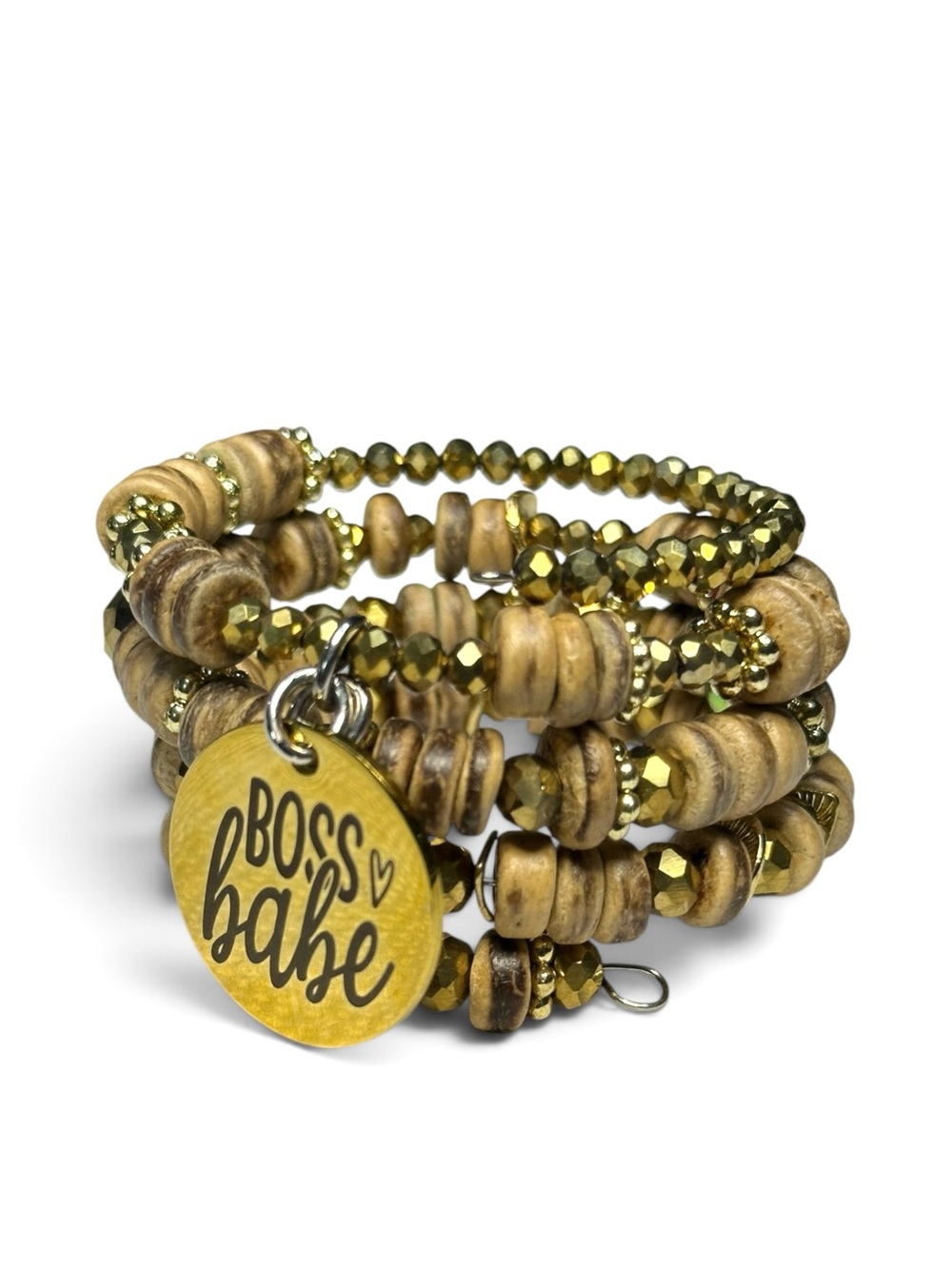 Handcrafted Wood & Gold Memory Wire Wrap Bracelet Boss Babe Charm - Picture 8 of 8